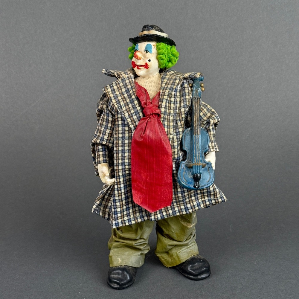 Vintage Clothtique Possible Dreams Clown Figurine 1988 Plaid Coat Violin 10"